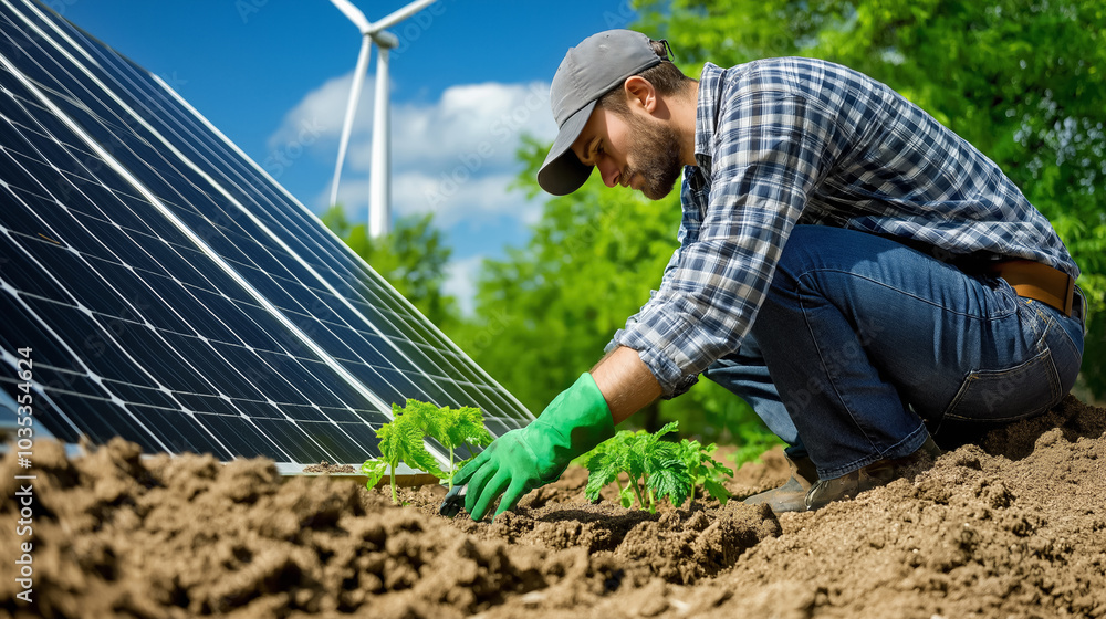 A farmer tends to crops near solar panels and wind turbines, showcasing sustainable agriculture and renewable energy. A farmer tends to crops near solar panels and wind turbines, showcasing sustainable agriculture and renewable energy.
