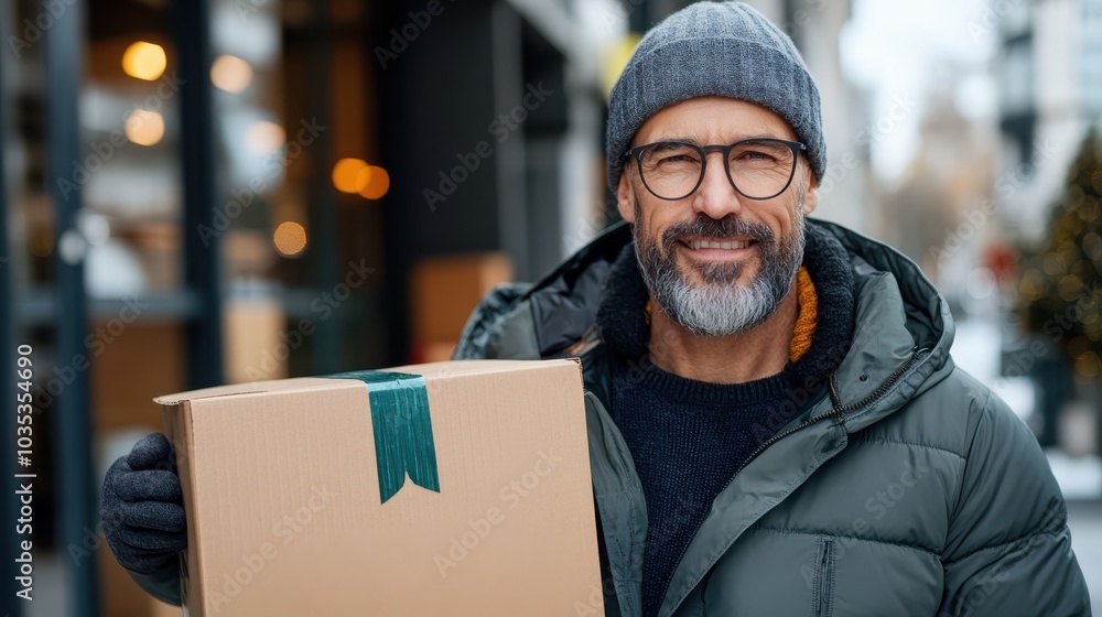 A smiling man in winter clothing holds a cardboard box while standing on a snow-dusted urban street, suggesting a delivery or gift exchange scene. A smiling man in winter clothing holds a cardboard box while standing on a snow-dusted urban street, suggesting a delivery or gift exchange scene.
