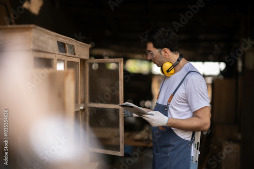 Portrait of Young White carpenter man holding tablet  checking  furniture looking at camerra with intensingly. photo