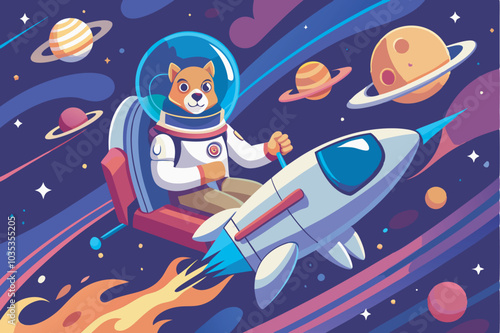 A whimsical space scene with a dog astronaut on a rocket, featuring vivid colors and planets, evokes a sense of exploration and adventure in a science-inspired setting.