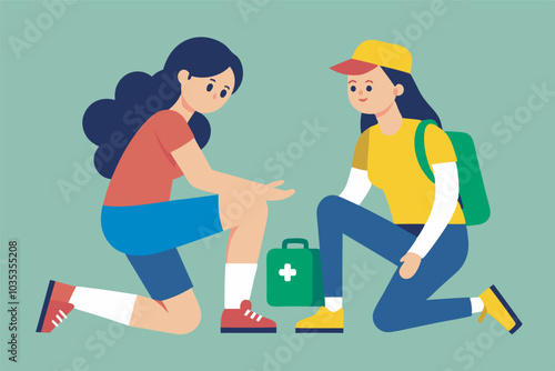 Two women with backpacks seen in an illustration on a green background. One woman assists the other with a first aid kit, symbolizing help and interaction.