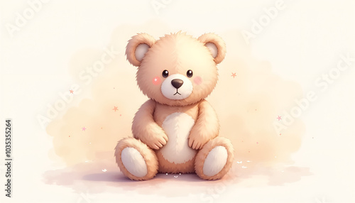 Cute teddy bear illustration, cheerful expression, children's toy concept, copy space