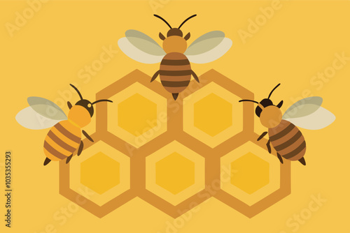 Image: 3 bees near a honeycomb with visible cells in a hexagonal pattern. Bees face different directions, set in a warm, lively atmosphere.