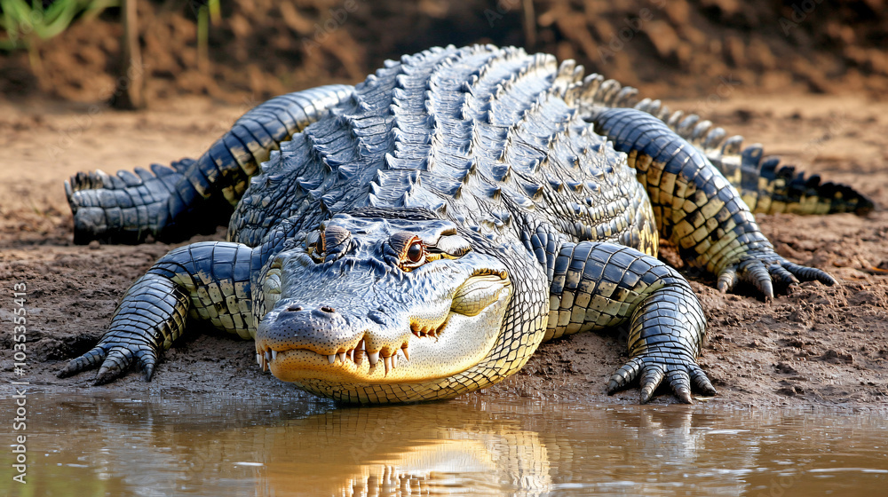 Obraz premium A crocodile resting on the riverbank
