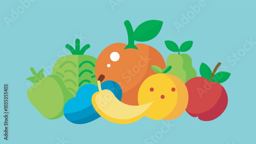 A lively image of fruits and vegetables on a blue background. Apple, peach, orange with playful faces. Whimsical details like smiling carrot. Vibrant and engaging display.