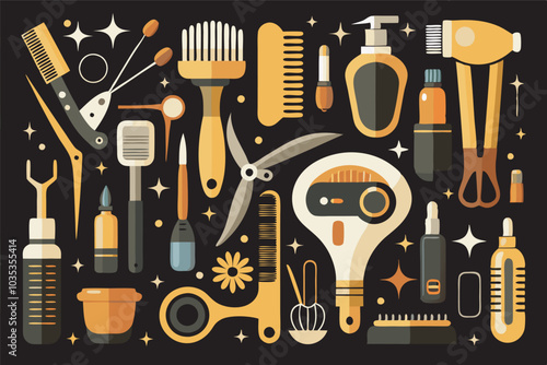 Vibrant beauty items, like hair tools and skincare products, displayed in an array of colors on a black background with a brown border decorated with white dots.