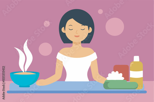 A serene image of a woman in a spa setting: eyes closed at a table, surrounded by spa items and a calming pastel background.