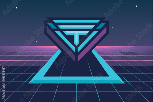 background with a cyberpunk aesthetic reminiscent of the arcade style of the 1980s. The stylized “T” logo in a layered neon color scheme evokes depth and dimensionality.