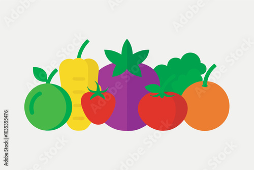 Flat design image featuring 7 fruits/veggies in modern style on gray/white background (lemon, tomato, orange, etc.). Emphasis on freshness/vitality with horizontal alignment.