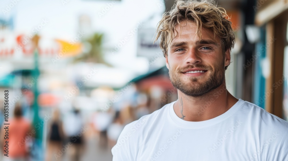 A man with casual attire smiles warmly while standing on a bustling boardwalk, with people moving about and colorful shops in the background on a sunny day. A man with casual attire smiles warmly while standing on a bustling boardwalk, with people moving about and colorful shops in the background on a sunny day.