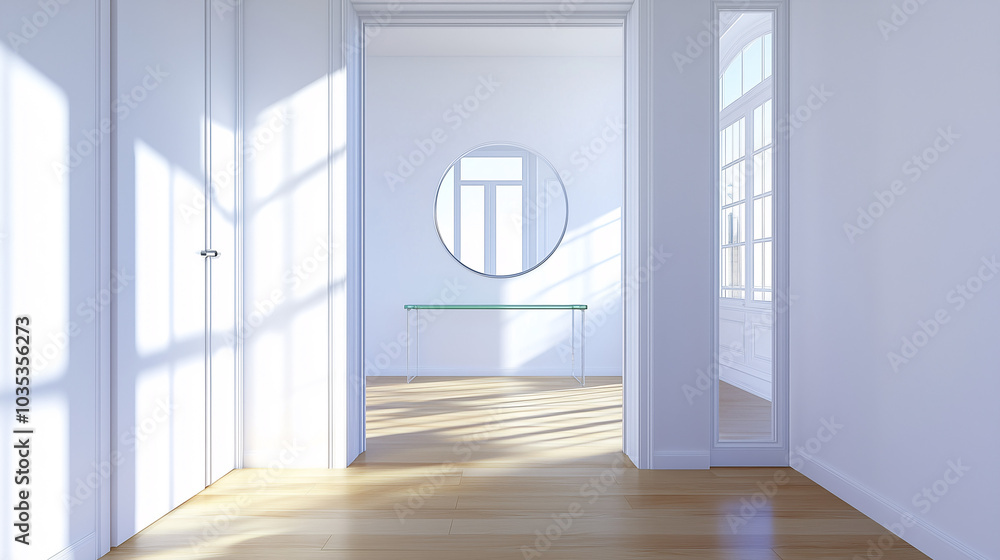 Fototapeta premium Minimalist entry space featuring a glass console table and a round mirror reflecting natural light