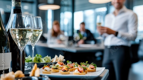 A selection of gourmet appetizers elegantly arranged on a table at a corporate event, with glasses of champagne and blurred figures in the background enjoying the ambiance.