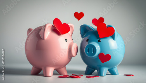 Pink and blue piggy banks in love with red hearts. Concept of love and saving isolated with white highlights, png photo