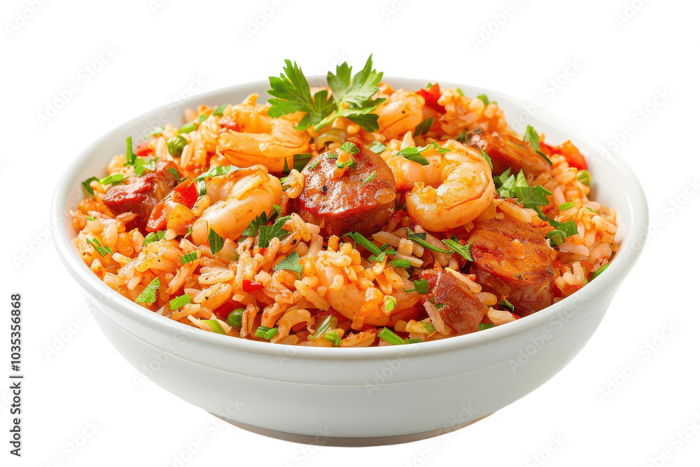 Delicious Jambalaya Rice Dish Served in a Bowl Isolated on a White Background Perfect for Food Blogs and Culinary Websites Delicious Jambalaya Rice Dish Served in a Bowl Isolated on a White Background Perfect for Food Blogs and Culinary Websites