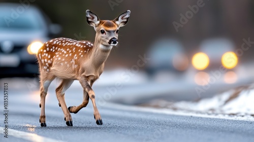 A solitary deer crosses a snow-dusted road under the soft glow of car lights, embodying themes of solitude, survival, and the tranquility of the winter wilderness. photo