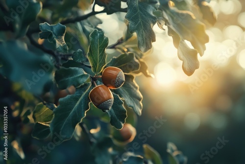Beautiful Acorns Nestled on Oak Tree Branch