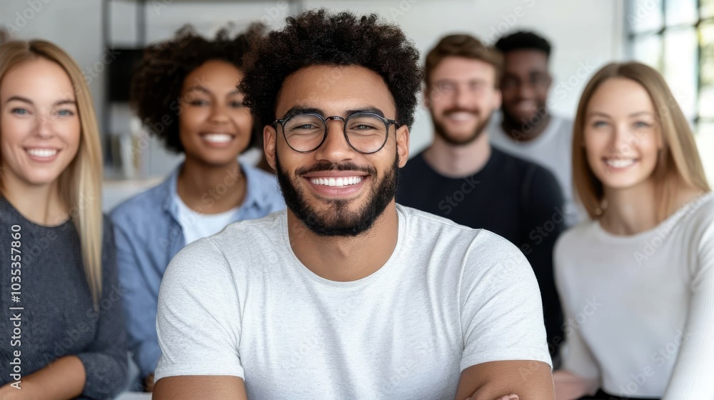 A group of five smiling multiethnic friends sitting closely in a bright modern office environment, showcasing diversity, friendship, and happiness. A group of five smiling multiethnic friends sitting closely in a bright modern office environment, showcasing diversity, friendship, and happiness.