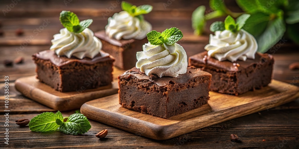 Decadent Chocolate Brownies with Whipped Cream on Rustic Wood Board Decadent Chocolate Brownies with Whipped Cream on Rustic Wood Board