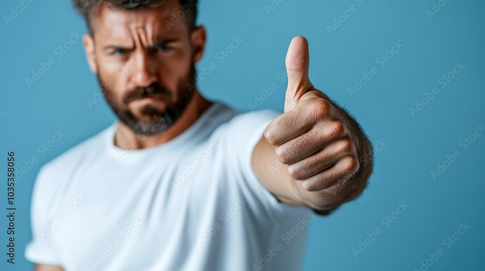 An intense close-up of a man with a beard in a white t-shirt showing a thumbs up against a blue backdrop, highlighting determination and confidence. An intense close-up of a man with a beard in a white t-shirt showing a thumbs up against a blue backdrop, highlighting determination and confidence.
