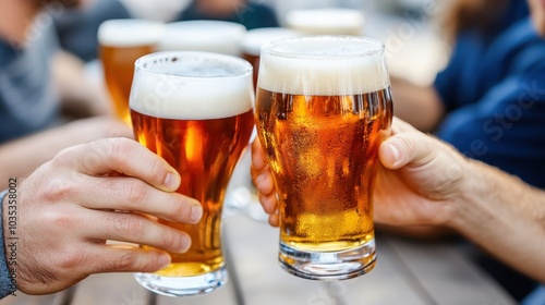 A group of friends enjoy an outdoor meetup, clinking large, frothy beer glasses together in a celebratory moment of camaraderie and good times captured under daylight.