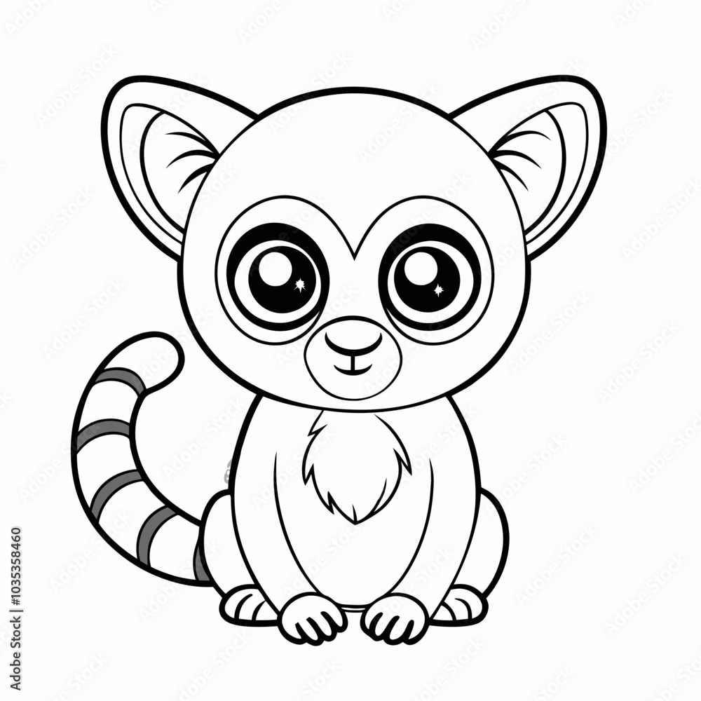 Obraz premium Minimalist kawaii lemur illustration perfect for children's coloring books, featuring a cute and simple design on a white background. 