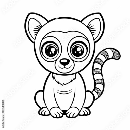 Minimalist kawaii lemur illustration perfect for children's coloring books, featuring a cute and simple design on a white background.
