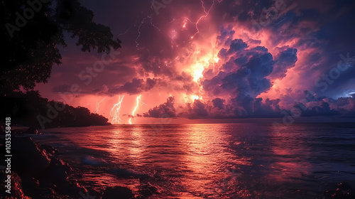 Clouds with colorful lightning in a stormy landscape. A storm is raging in the skies, illuminating masses of thunderclouds with flashes.