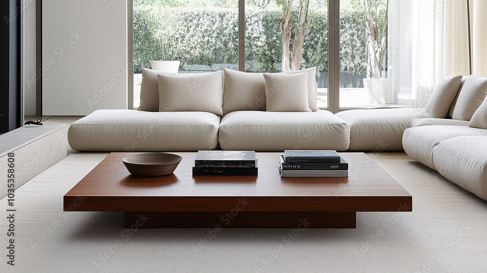 Fototapeta premium Minimalist living room with neutral-toned floor cushions arranged around a low wooden coffee table