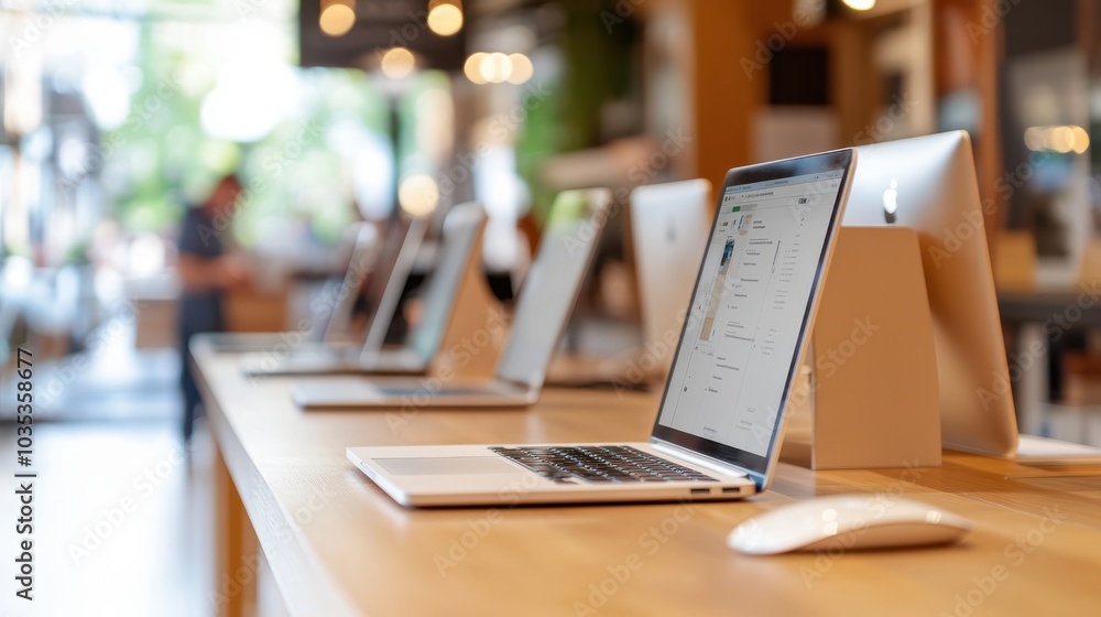 A contemporary tech store featuring neatly arranged laptops on display tables, creating an inviting atmosphere for shoppers interested in the latest technology trends. A contemporary tech store featuring neatly arranged laptops on display tables, creating an inviting atmosphere for shoppers interested in the latest technology trends.