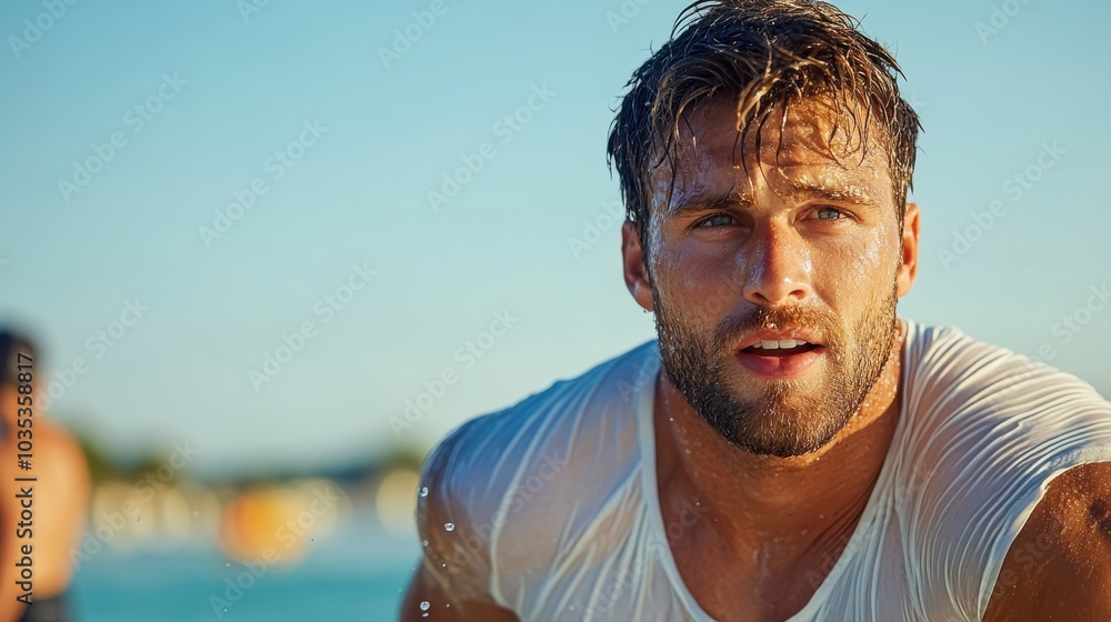 A rugged man with wet hair and a pensive expression stands by the ocean shore, reflecting the mystery and depth of solitude against a picturesque background. A rugged man with wet hair and a pensive expression stands by the ocean shore, reflecting the mystery and depth of solitude against a picturesque background.