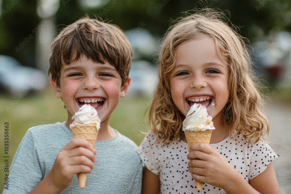 Cheerful buddies eating ice-cream outdoors, Generative AI