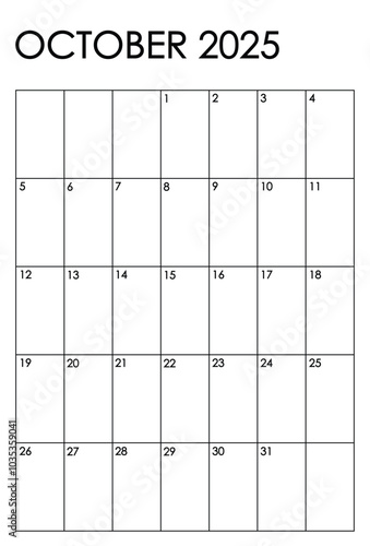 October 2025 month vertical calendar. Simple black and white design