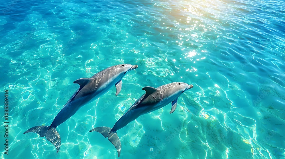 Obraz premium Two dolphins gracefully swim through the clear blue water, showcasing the beauty of marine life. Sunlight reflects on the tranquil ocean surface.