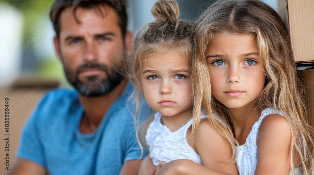 A thoughtful and poignant moment featuring a father with his two young daughters, depicting familial bonds, care, and contemplation in a home setting. A thoughtful and poignant moment featuring a father with his two young daughters, depicting familial bonds, care, and contemplation in a home setting.