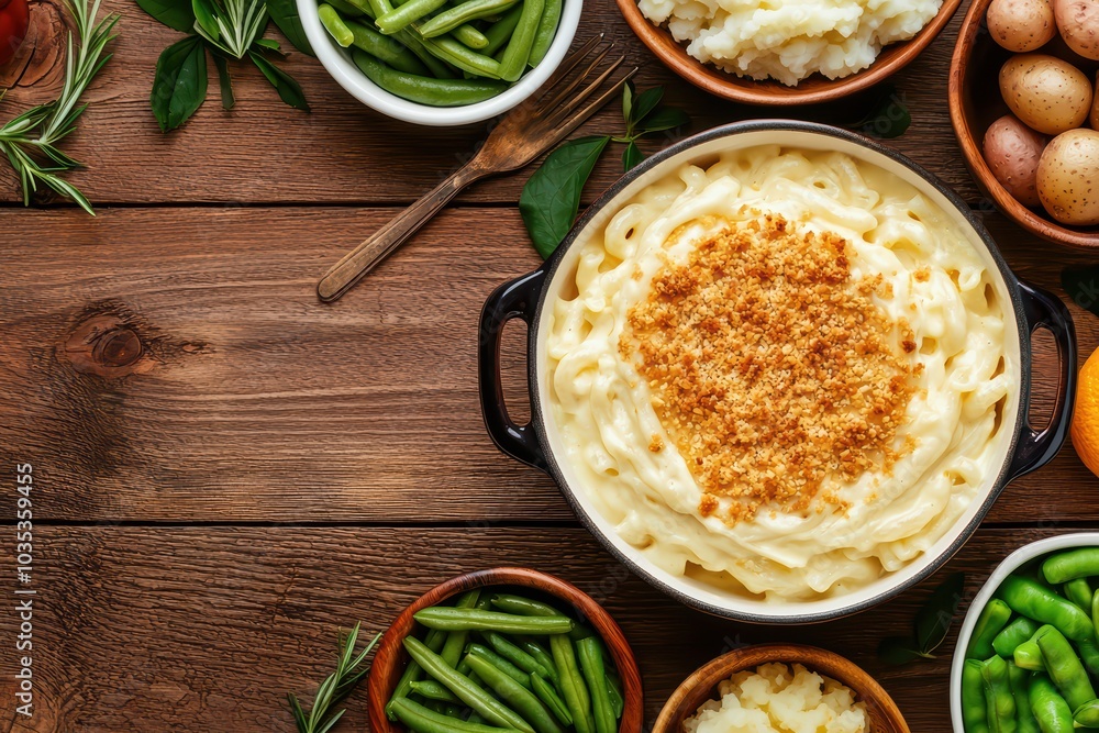 Delicious creamy macaroni and cheese surrounded by fresh vegetables on a rustic wooden table. Delicious creamy macaroni and cheese surrounded by fresh vegetables on a rustic wooden table.