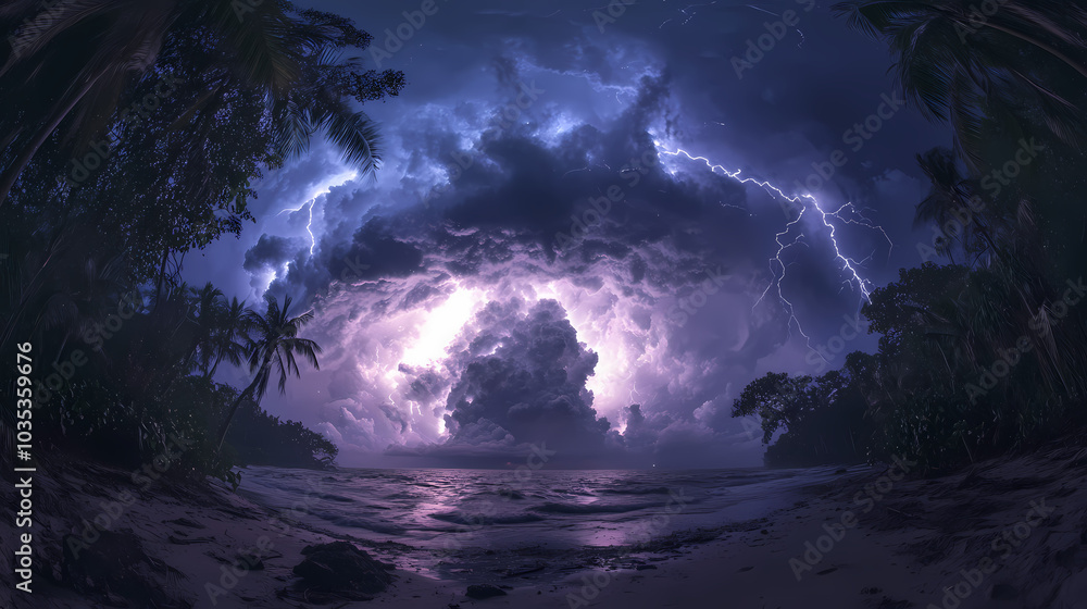 Naklejka premium Clouds with colorful lightning in a stormy landscape. A storm is raging in the skies, illuminating masses of thunderclouds with flashes.