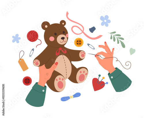 Handmade crafts. Person sewing toy. Tools for hobbies. Human hands embroidery thread with needle. Handicraft accessory. Creative craftsmanship. Handiwork teddy bear. Vector artisan needlework concept