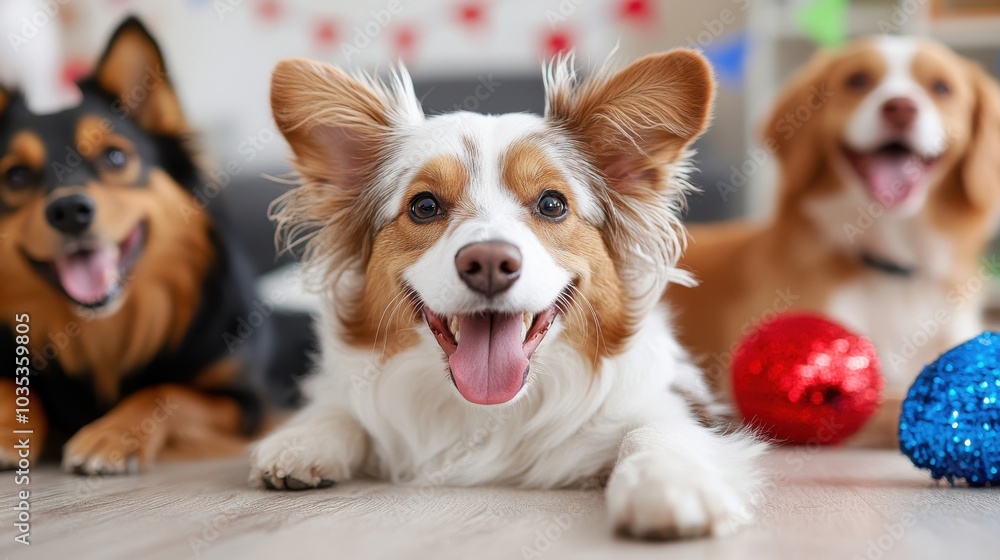Three smiling dogs with various fur patterns are featured with glittery red and blue balls, creating a warm and friendly atmosphere full of playful energy. Three smiling dogs with various fur patterns are featured with glittery red and blue balls, creating a warm and friendly atmosphere full of playful energy.