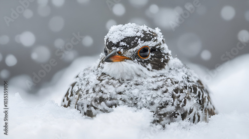 Snow petrel sitting on the edge of a crack in the ice, portrait of a male Commander ptarmigan in winter plumage cloudy winter day, Portrait of white pigeon on the snow
 photo