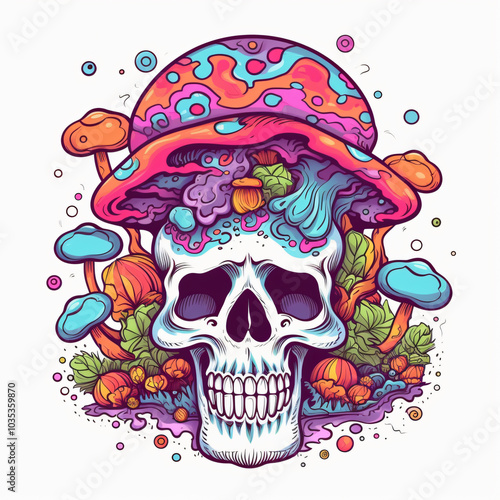 Cosmic Skull Wonderland Psychedelic Mushroom Fantasy, festival,colorful tattoo,sugar,decor,boho,bohemian,funcky photo