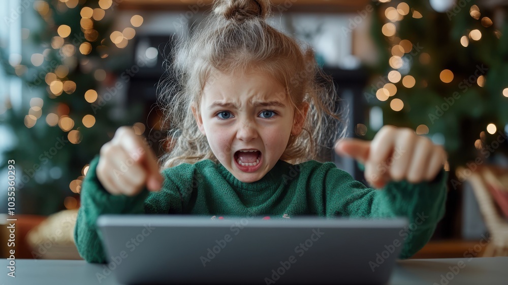 A young girl expresses frustration while using a tablet, surrounded by holiday decorations. Her expression conveys intense emotions against a festive background. A young girl expresses frustration while using a tablet, surrounded by holiday decorations. Her expression conveys intense emotions against a festive background.