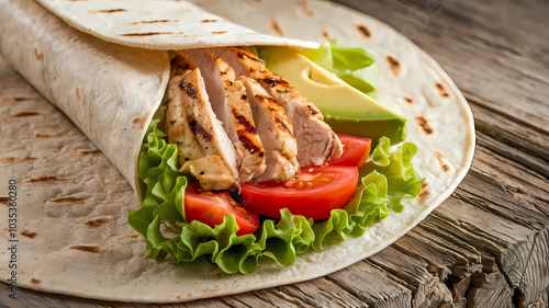 Grilled chicken wrap with fresh lettuce, tomatoes, and avocado, wrapped in a soft tortilla on a rustic wooden surface.