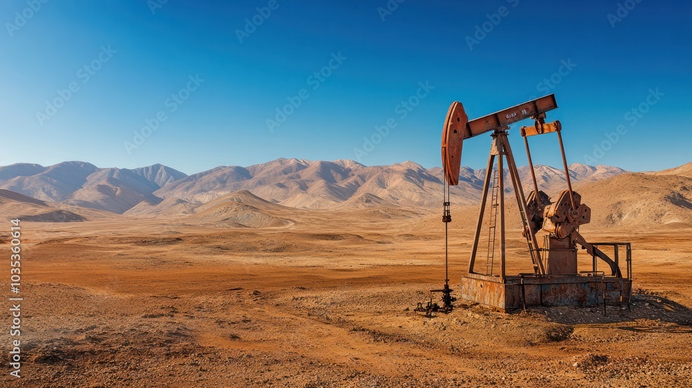 crude oil well surrounded by barren desert landscape, crude oil well surrounded by barren desert landscape,
