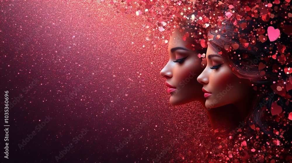 Romantic red dreamscape: double exposure of women with hearts and glitter in profile Romantic red dreamscape: double exposure of women with hearts and glitter in profile