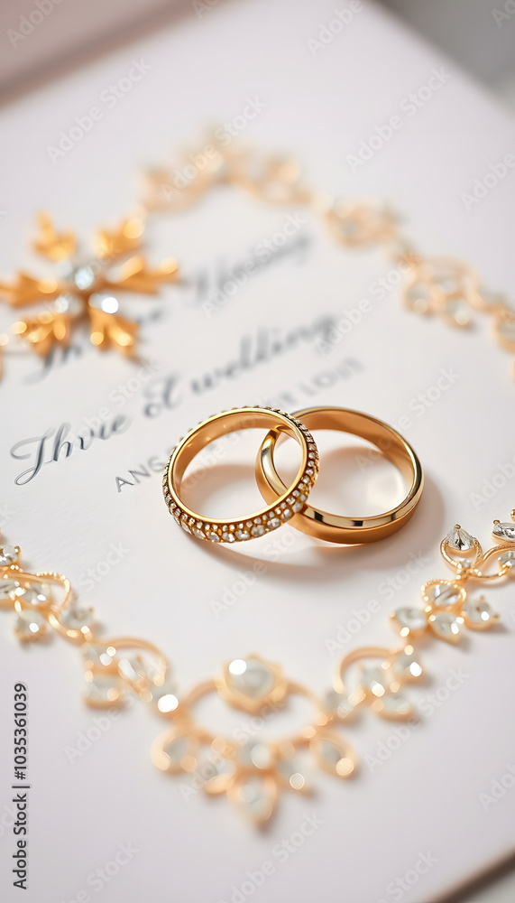 Golden wedding rings on paper invitation with shiny rhinestones. Wedding details, symbol of love and marriage isolated with white highlights, png Golden wedding rings on paper invitation with shiny rhinestones. Wedding details, symbol of love and marriage isolated with white highlights, png