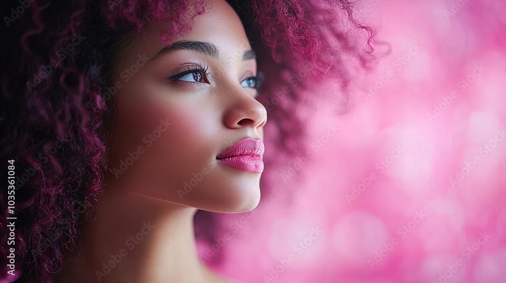 Portrait of a confident woman with curly hair against a vibrant pink background Portrait of a confident woman with curly hair against a vibrant pink background