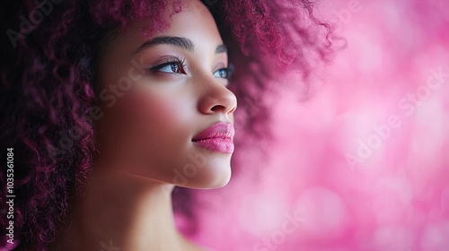 Portrait of a confident woman with curly hair against a vibrant pink background