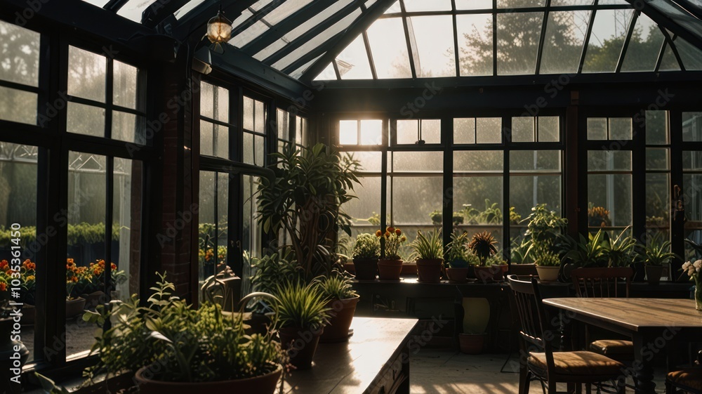 A sun-drenched greenhouse with potted plants, a wooden table, and chairs. A sun-drenched greenhouse with potted plants, a wooden table, and chairs.