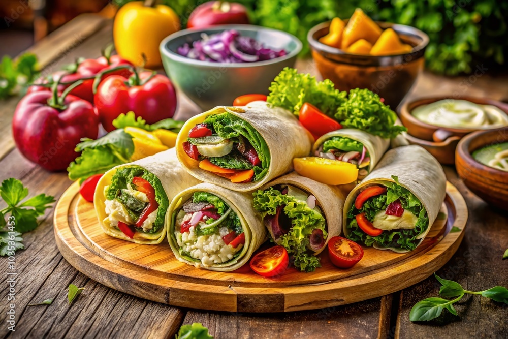 Delicious Platter of Mixed Wraps with Fresh Ingredients and Colorful Garnishes for Food Photography Delicious Platter of Mixed Wraps with Fresh Ingredients and Colorful Garnishes for Food Photography