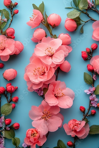 Wallpaper Mural Vibrant pink cherry blossoms and buds on bright blue background Torontodigital.ca